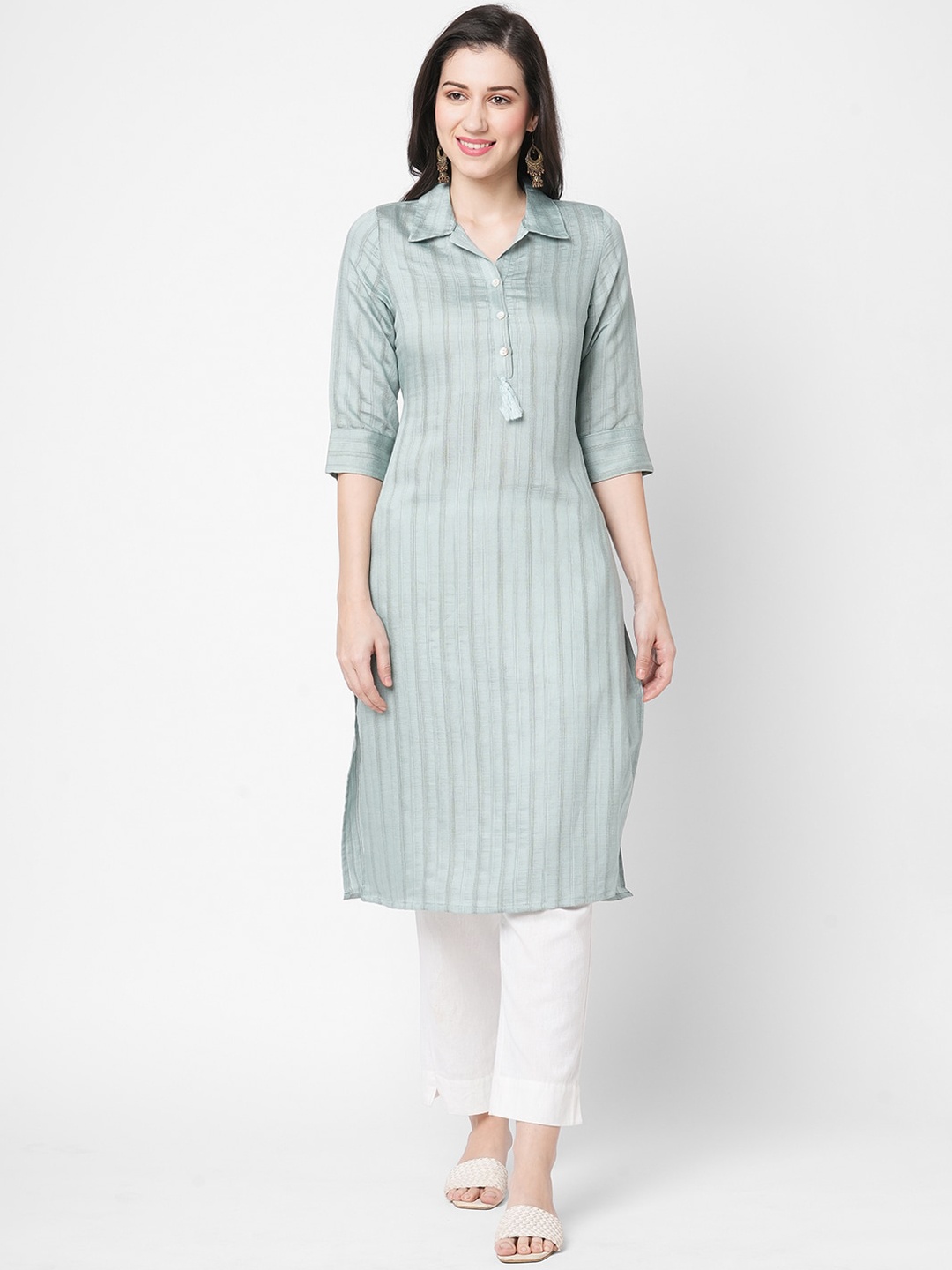 

Fusion Beats Striped Shirt Collar Kurta, Turquoise blue