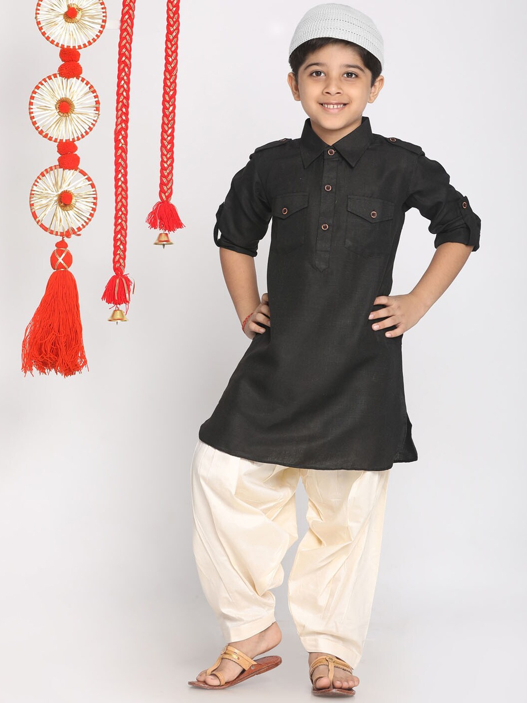 

JBN Creation Boys Shirt Collar Pathani Kurta with Pyjamas & Cap, Black