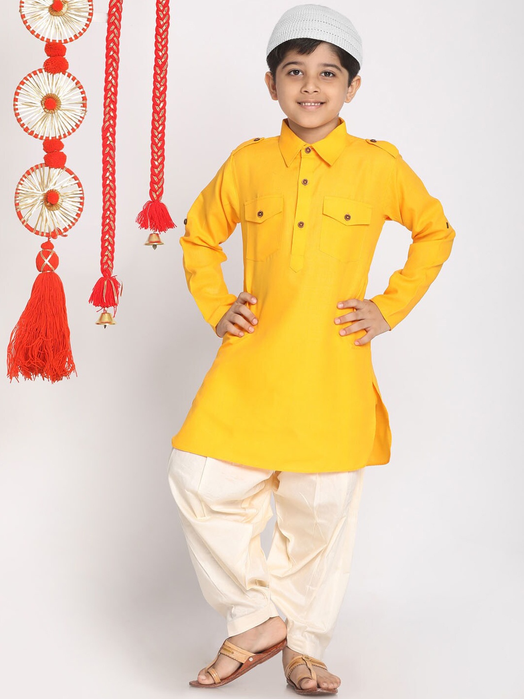 

JBN Creation Boys Mandarin Collar Pathani Kurta with Patiala, Mustard