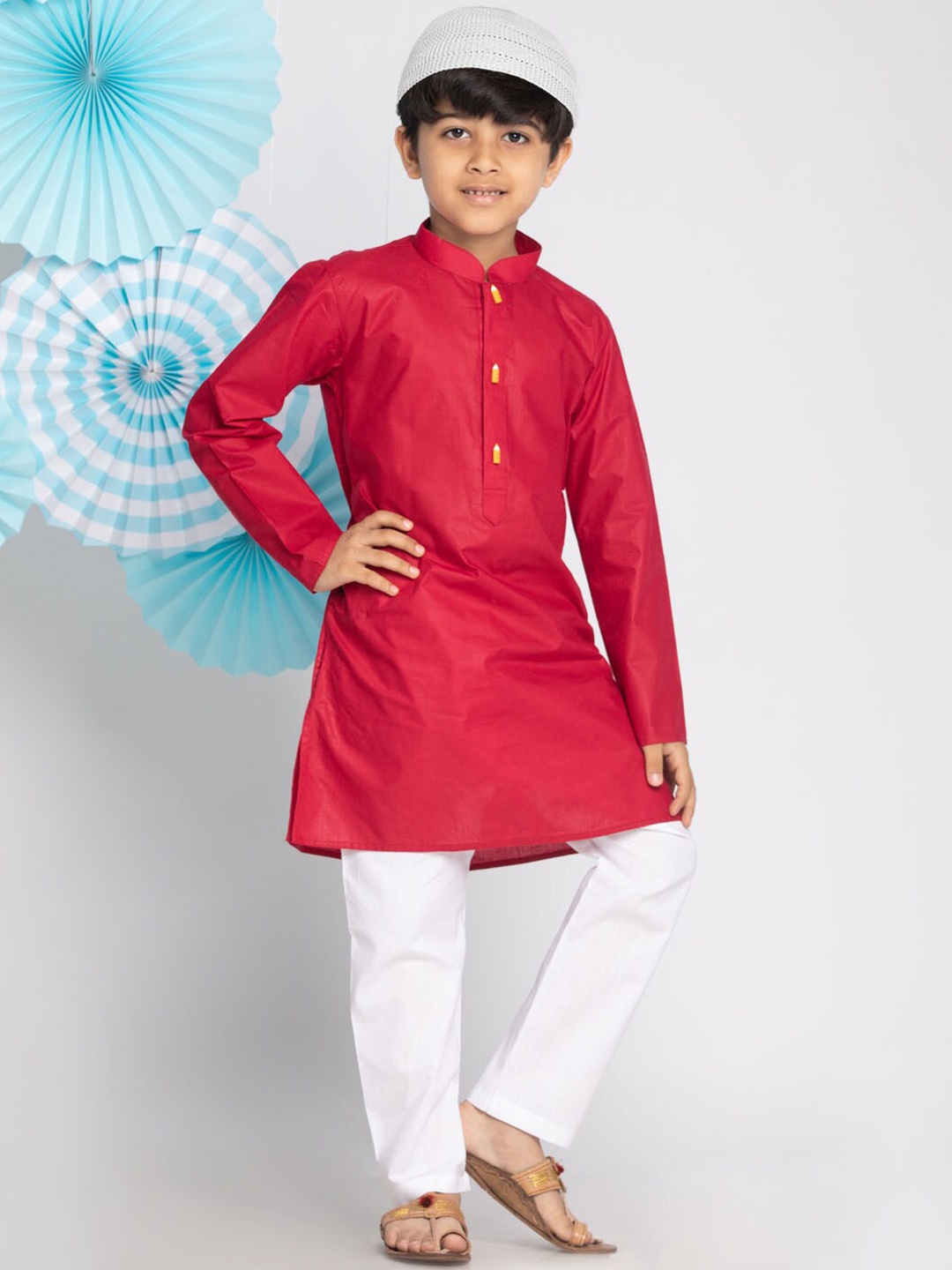 

JBN Creation Boys Mandarin Collar Kurta with Pyjamas & Cap, Red