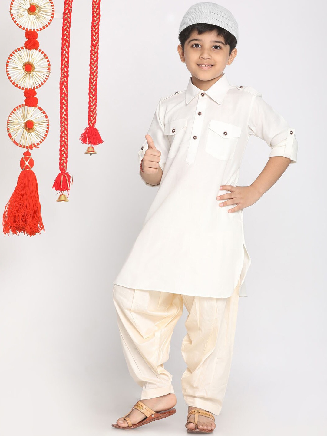 

JBN Creation Boys Shirt Collar Pathani Kurta with Pyjamas & Cap, White