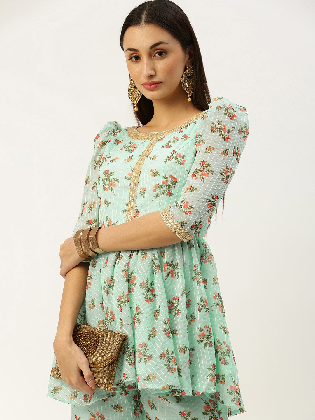 

Ethnovog Printed Sequinned Kurti with Sharara, Sea green