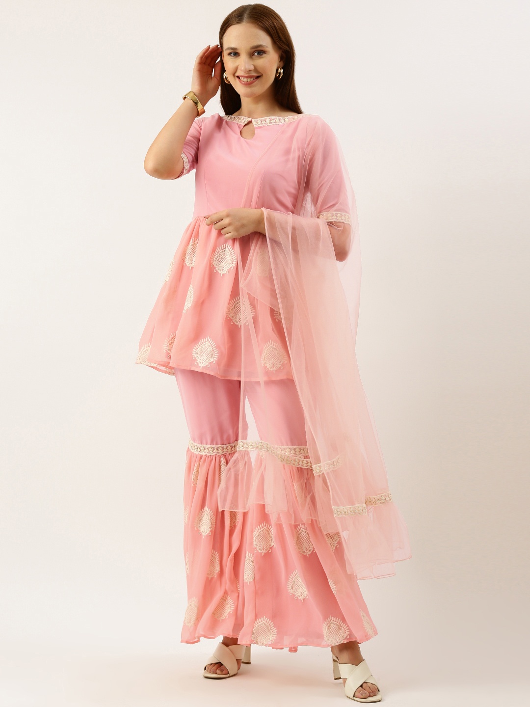 

Ethnovog Women Ethnic Motifs Embroidered Sequinned Kurti with Sharara & With Dupatta, Pink