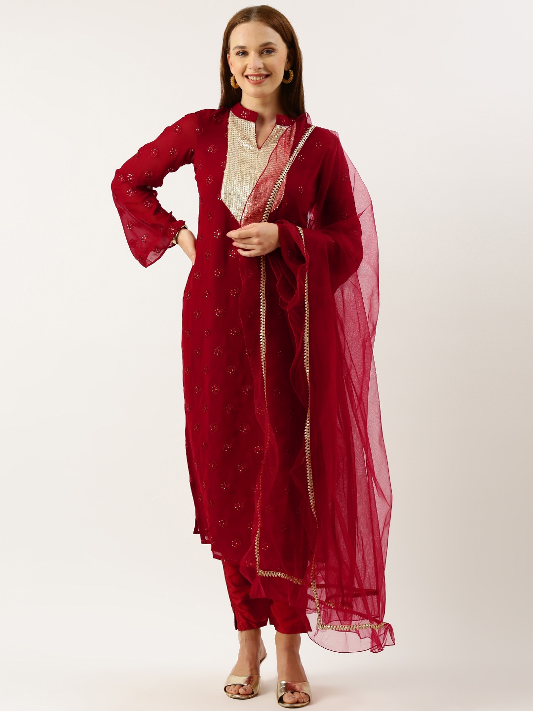 

Ethnovog Women Ethnic Motifs Embroidered Sequinned Kurta with Trousers & With Dupatta, Maroon