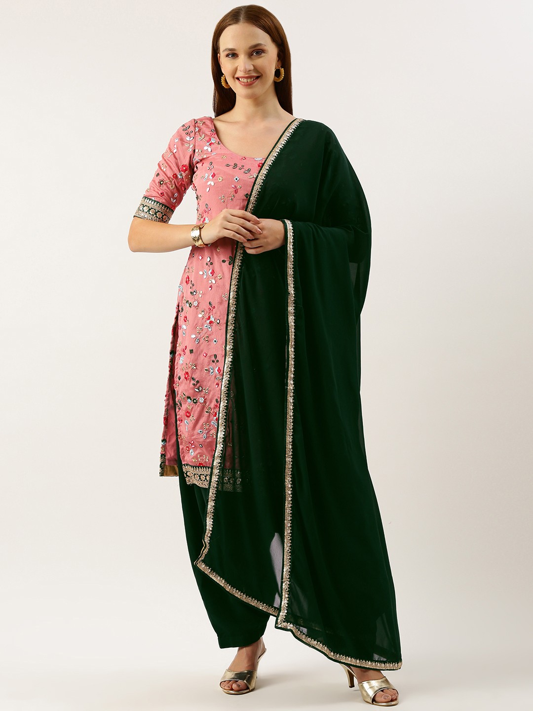 

Ethnovog Women Floral Embroidered Regular Mirror Work Kurta with Salwar & With Dupatta, Pink