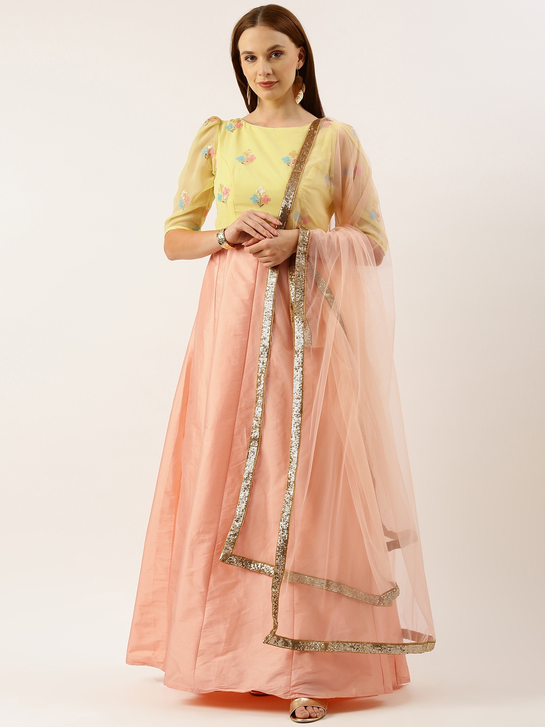 

Ethnovog Floral Embroidered Regular Sequinned Kurta With Trousers & Dupatta, Peach