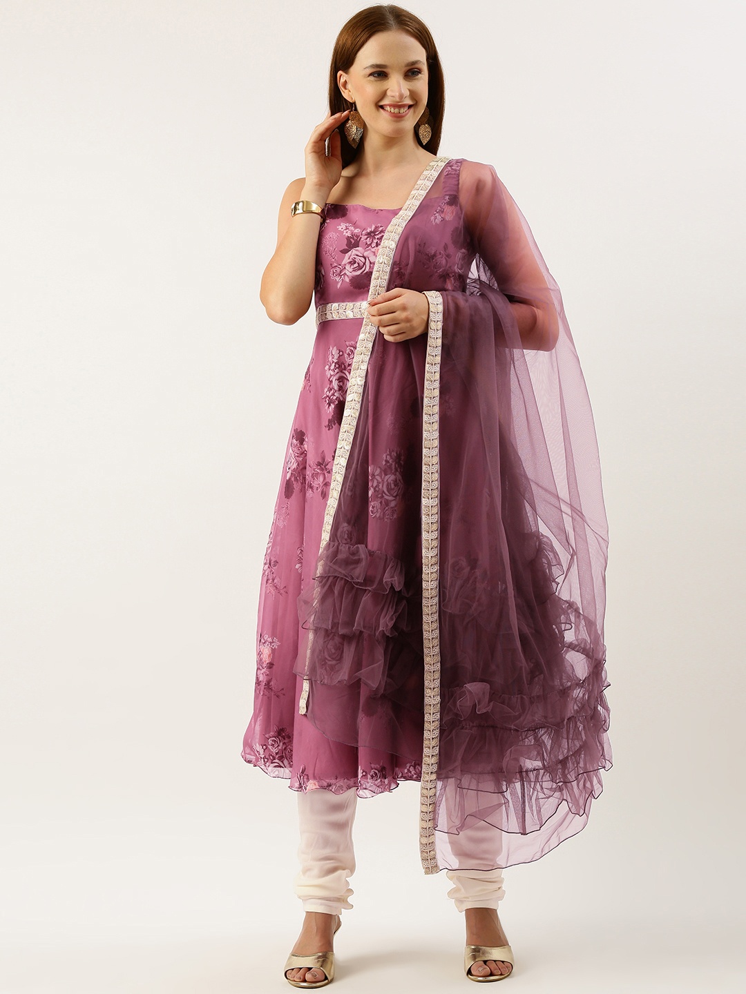 

Ethnovog Floral Printed Regular Sequinned Kurta With Churidar & Dupatta, Mauve