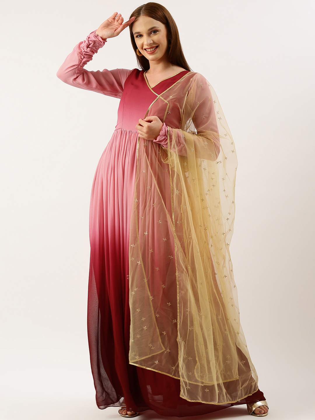 

Ethnovog Women Ombre Regular Gotta Patti Kurta with Trousers & With Dupatta, Maroon