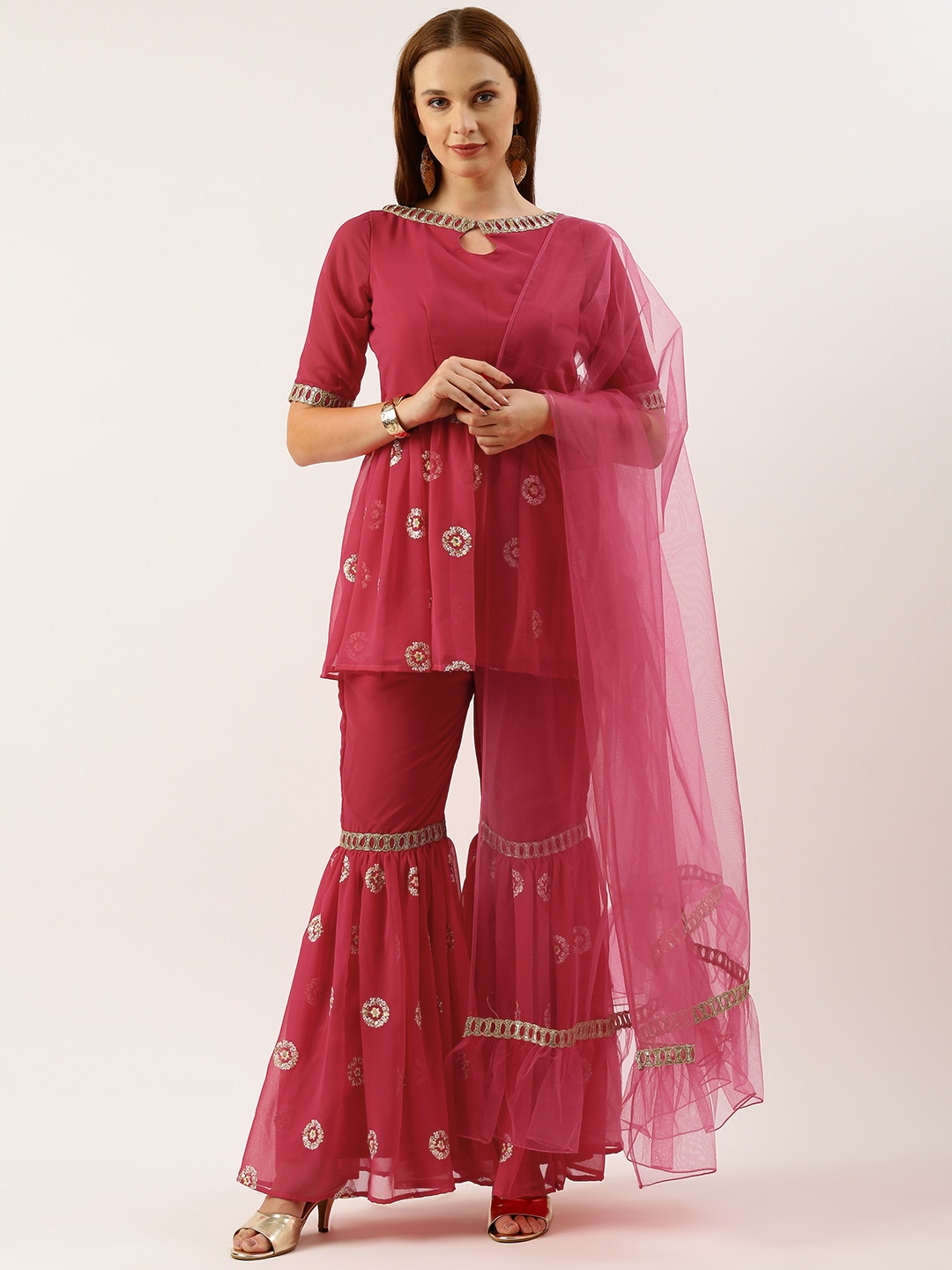 

Ethnovog Floral Embroidered Regular Sequinned Kurti With Sharara & Dupatta, Fuchsia