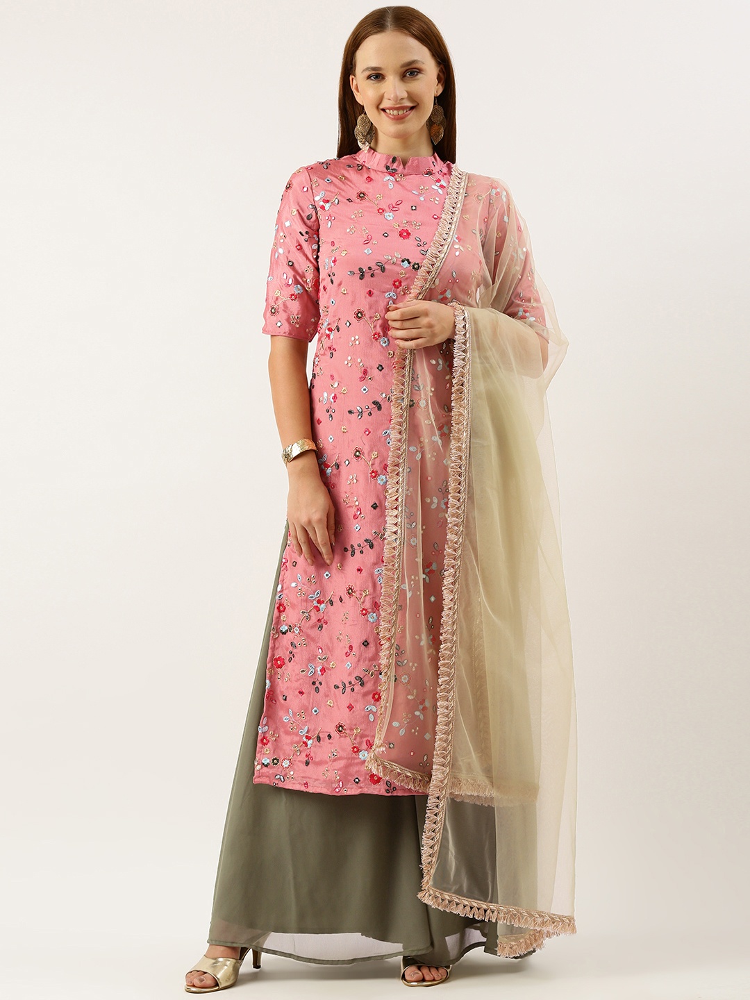 

Ethnovog Floral Embroidered Regular Mirror Work Kurta With Palazzos & Dupatta, Pink