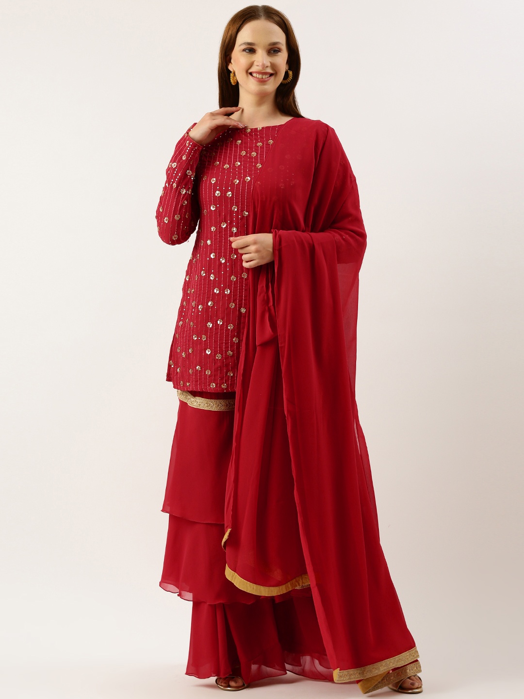 

Ethnovog Floral Embroidered Regular Sequinned Kurti With Sharara & Dupatta, Pink