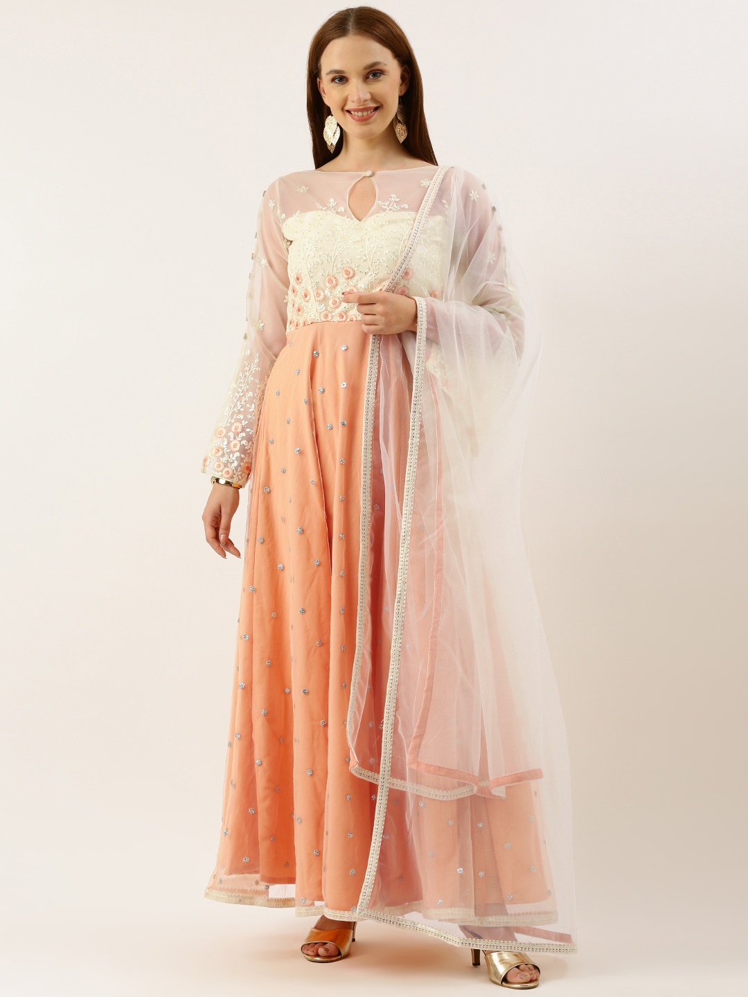 

Ethnovog Floral Embroidered Regular Sequinned Kurta With Trousers & Dupatta, Peach