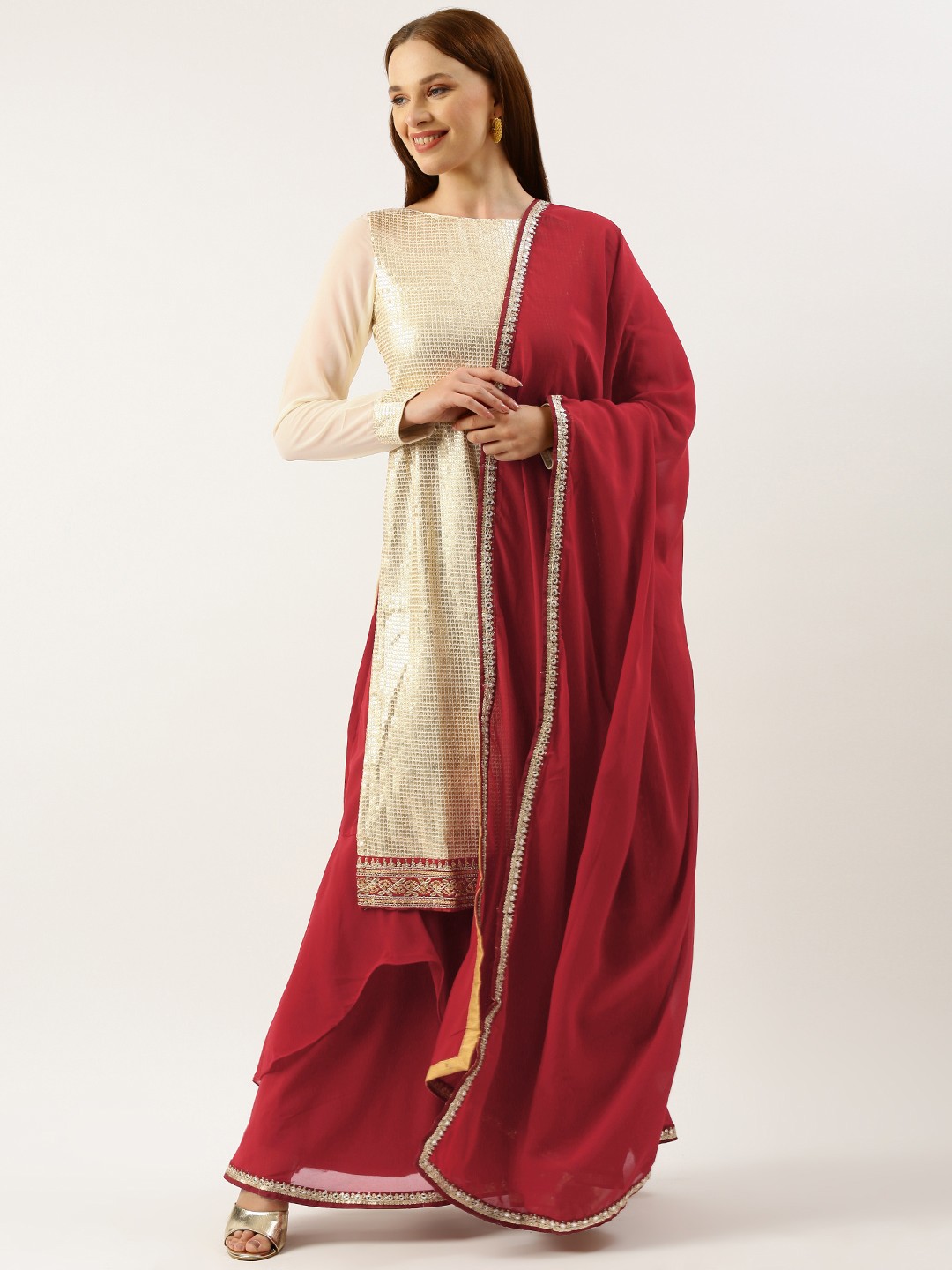 

Ethnovog Embroidered Regular Sequinned Kurta With Sharara & Dupatta, Grey