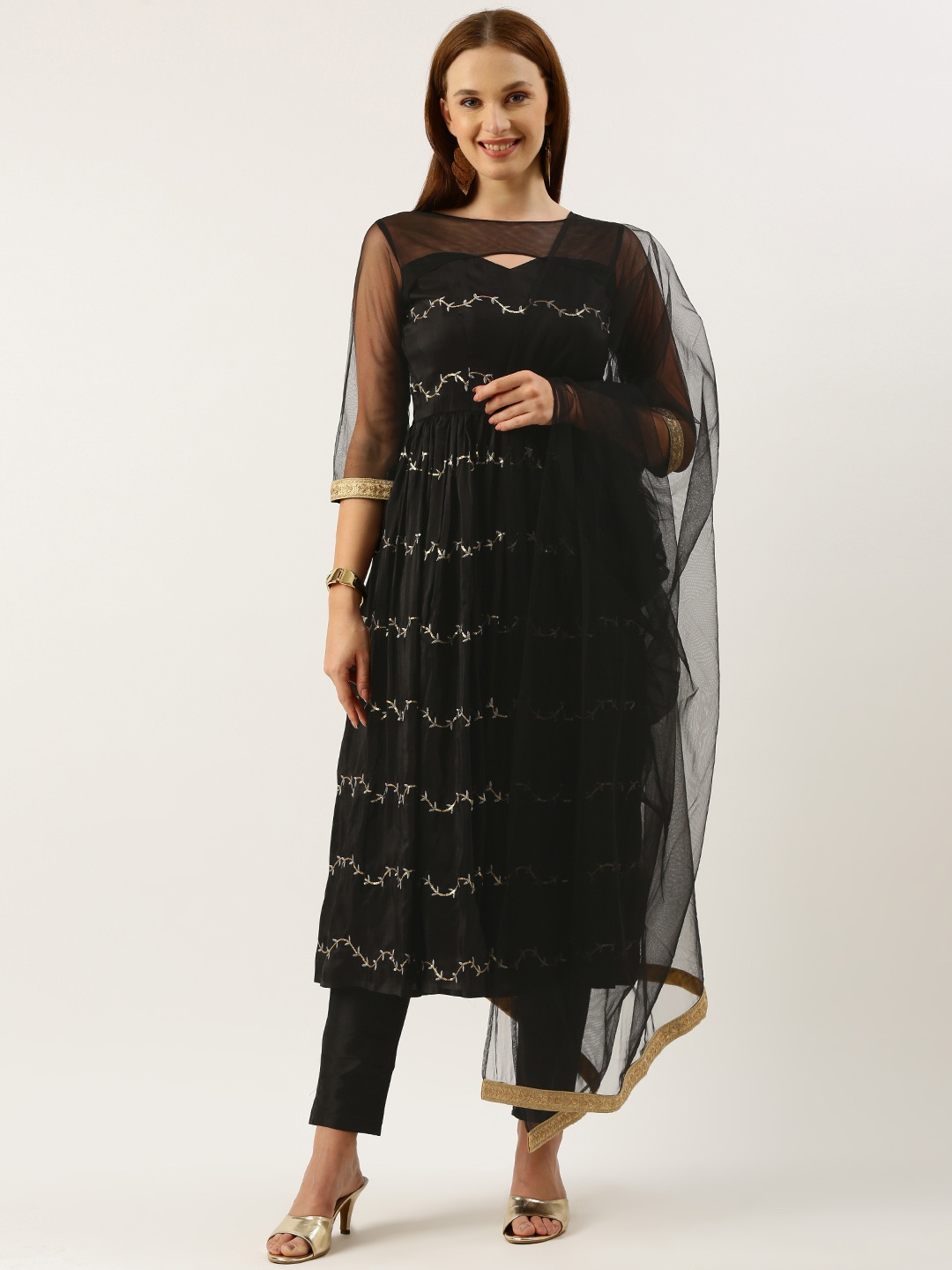 

Ethnovog Floral Embroidered Regular Sequinned Kurta With Trousers & Dupatta, Black