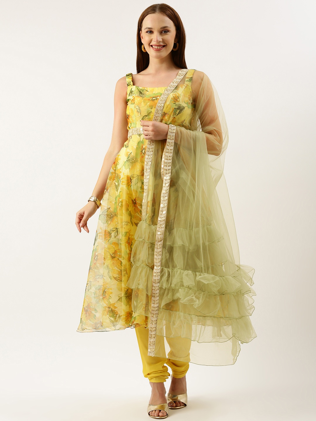 

Ethnovog Women Floral Printed Regular Sequinned Kurta with Churidar & With Dupatta, Yellow