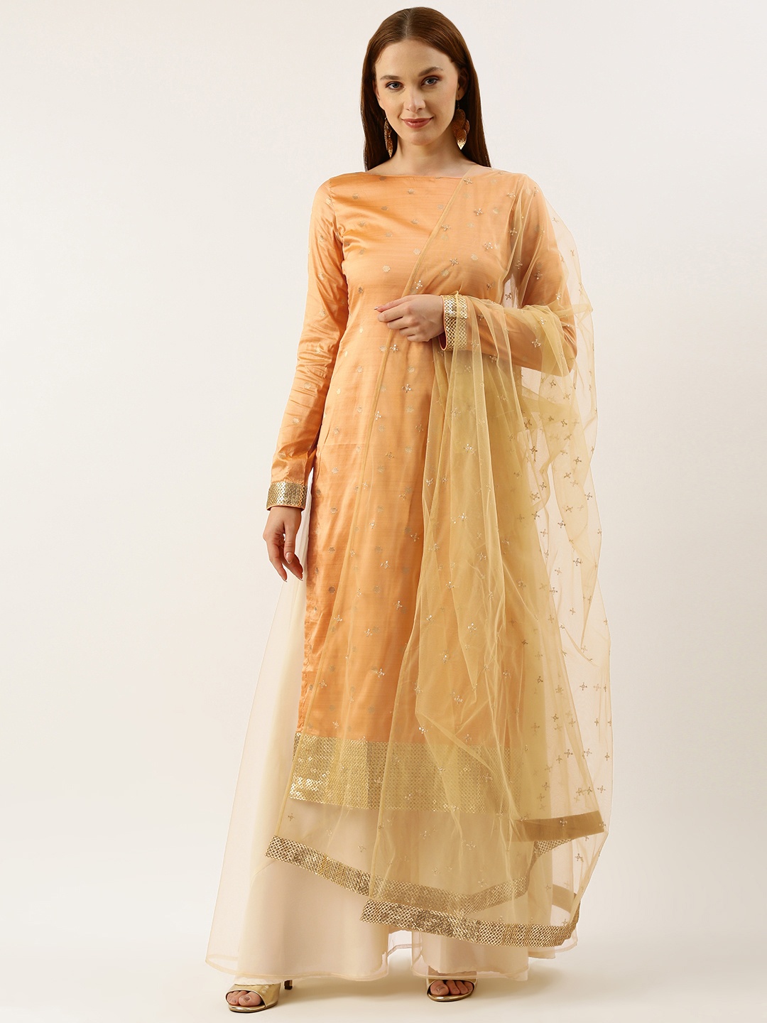 

Ethnovog Sequinned Kurta With Palazzos & Dupatta, Peach