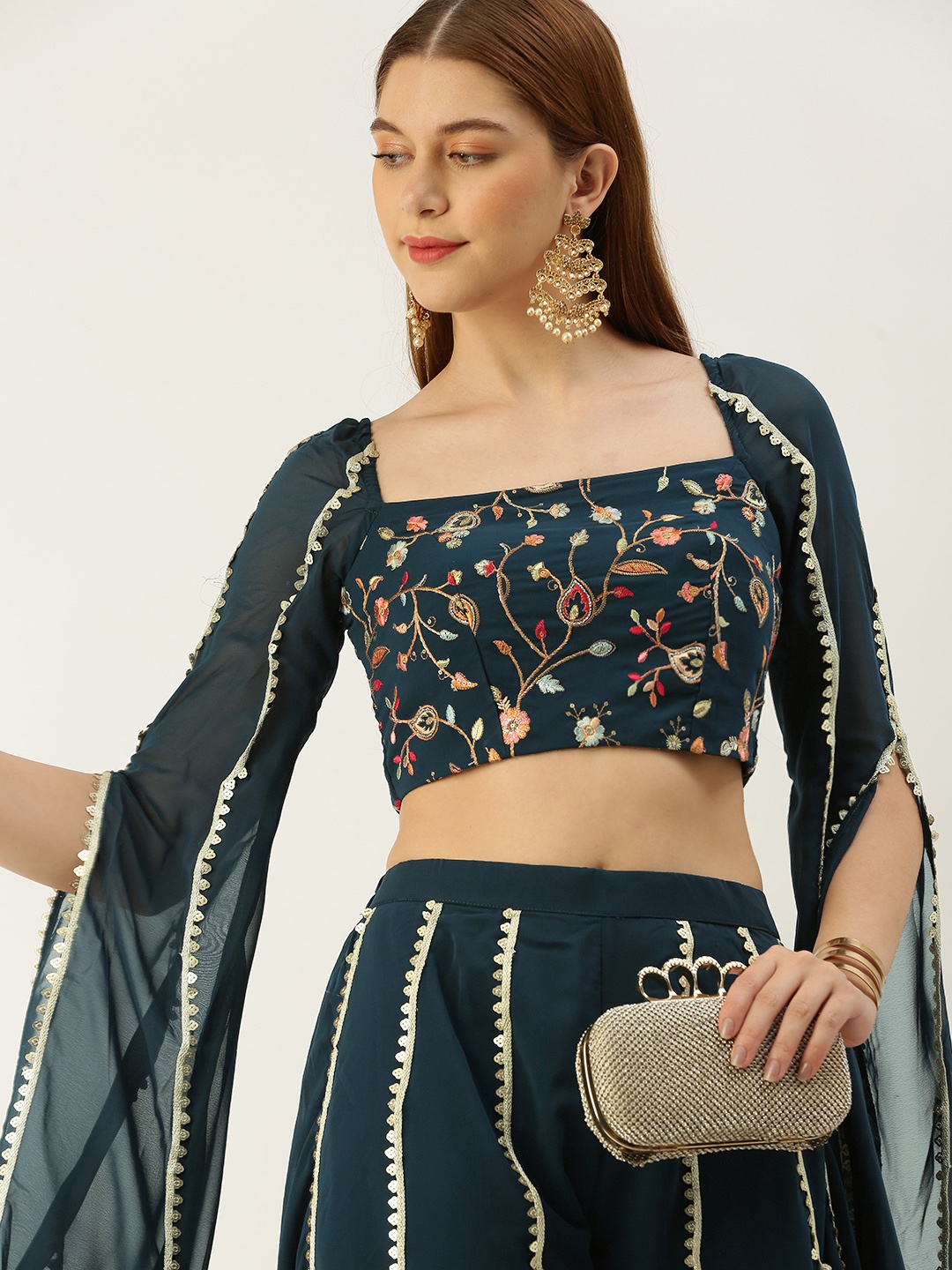 

Ethnovog Women Embroidered Crop Top With Palazzos, Teal