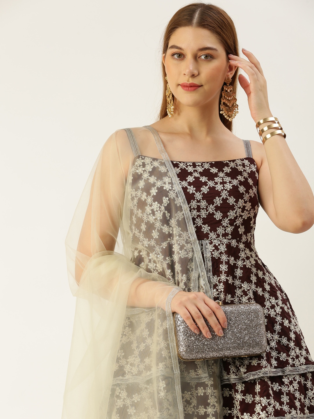 

Ethnovog Women Floral Thread Work Kurti with Sharara & With Dupatta, Purple