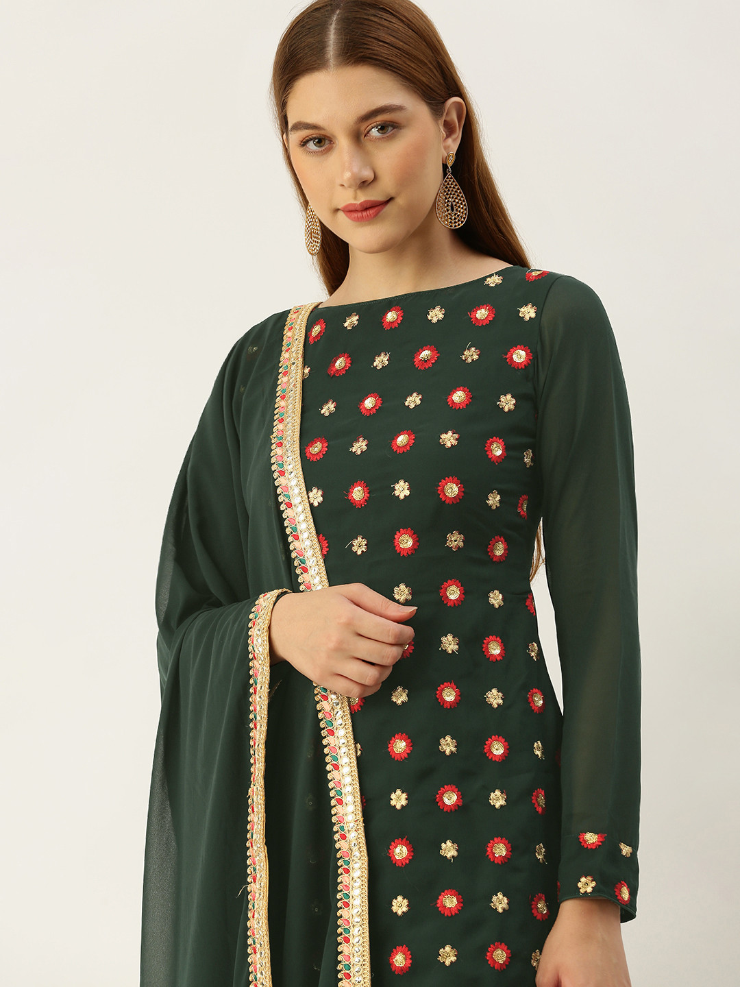 

Ethnovog Women Floral Embroidered Regular Sequinned Kurta with Sharara & With Dupatta, Green