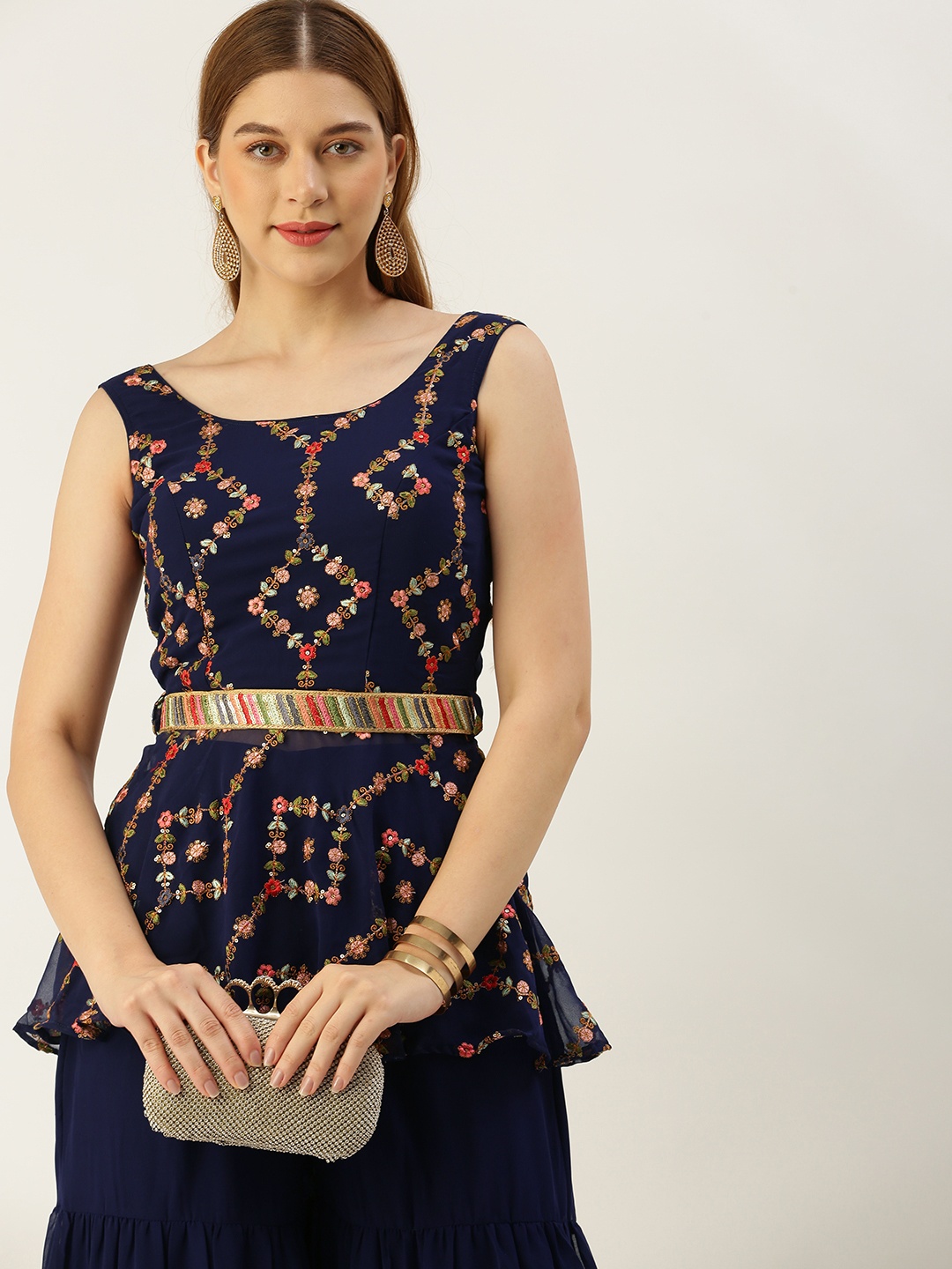 

Ethnovog Women Floral Embroidered Regular Sequinned Kurti with Sharara, Navy blue