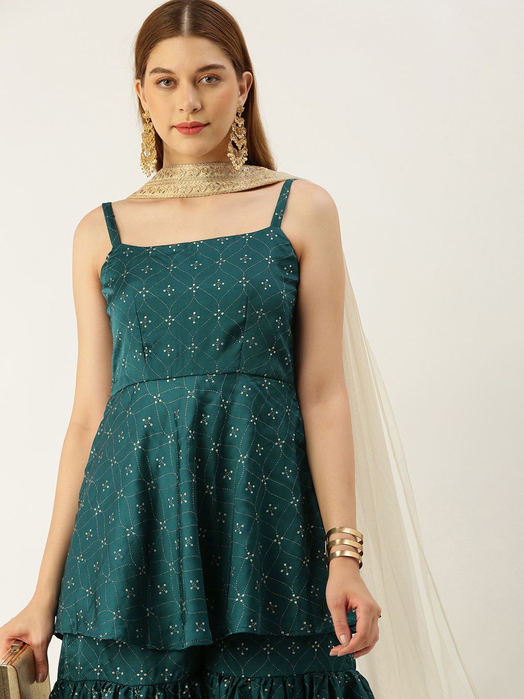

Ethnovog Women Ethnic Motifs Embroidered A-Line Kurti with Sharara & With Dupatta, Green
