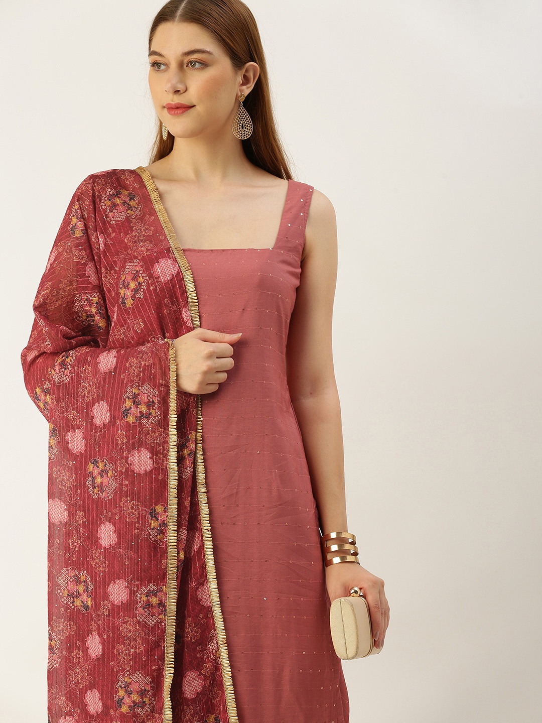 

Ethnovog Women Regular Sequinned Kurta with Churidar & With Dupatta, Maroon