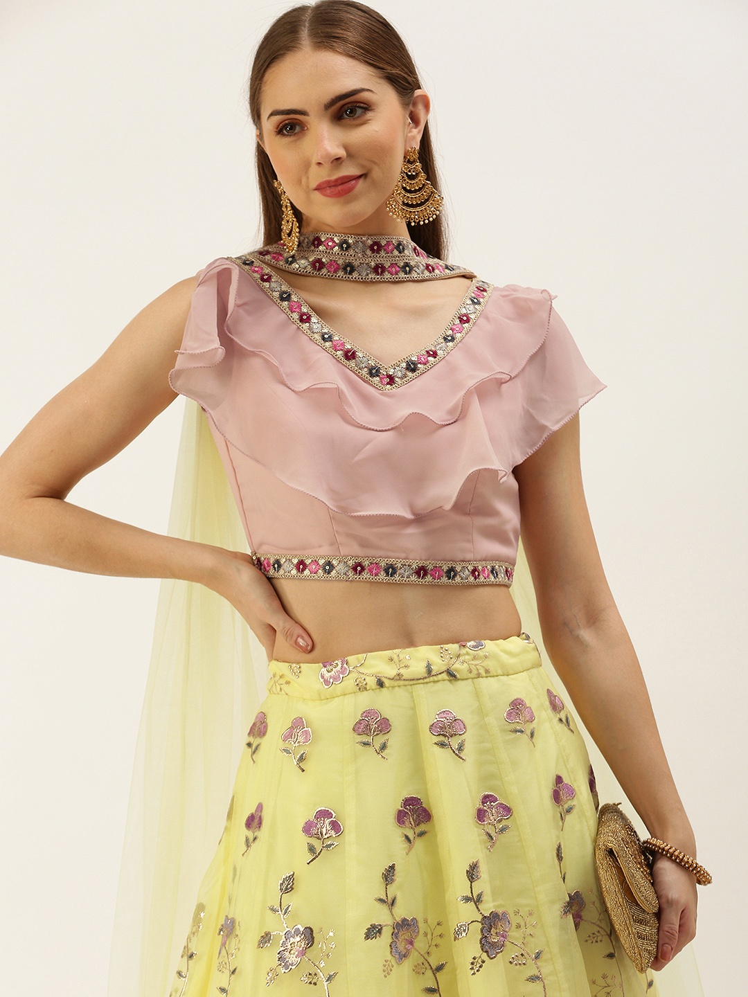 

Ethnovog Embroidered Sequinned Ready to Wear Lehenga & Blouse With Dupatta, Pink