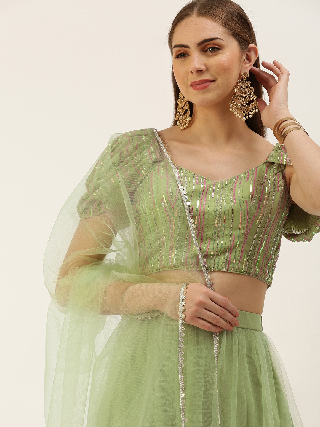 

Ethnovog Embellished Sequinned Ready to Wear Lehenga & Blouse With Dupatta, Green