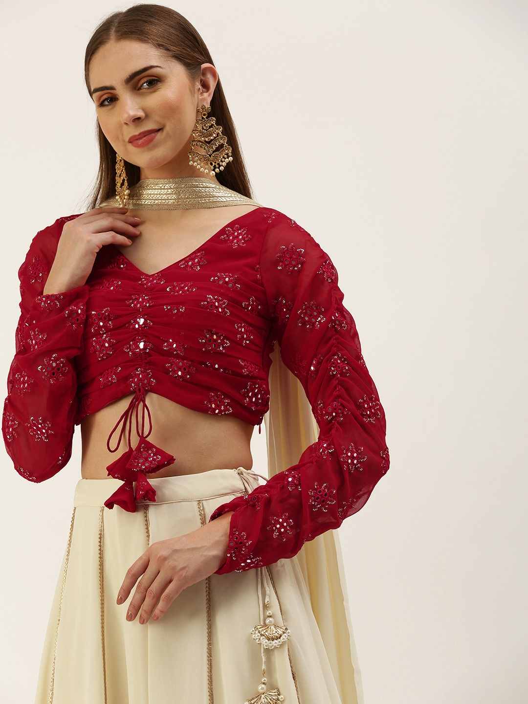 

Ethnovog Embroidered Mirror Work Ready to Wear Lehenga & Blouse With Dupatta, Red