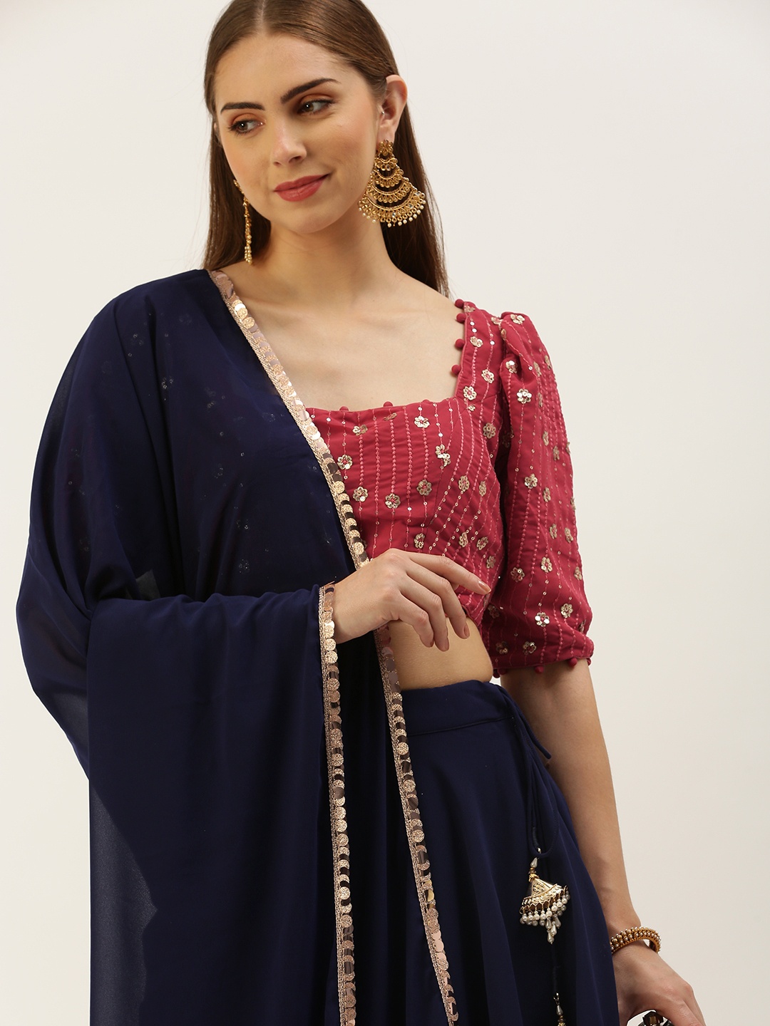 

Ethnovog Embroidered Sequinned Ready to Wear Lehenga & Blouse With Dupatta, Pink