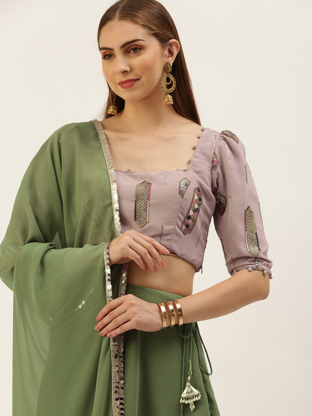 

Ethnovog Embroidered Sequinned Ready to Wear Lehenga & Blouse With Dupatta, Pink