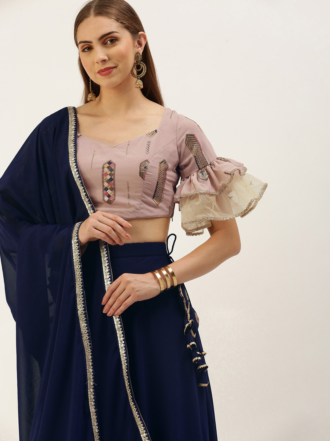 

Ethnovog Embroidered Sequinned Ready to Wear Lehenga & Blouse With Dupatta, Pink