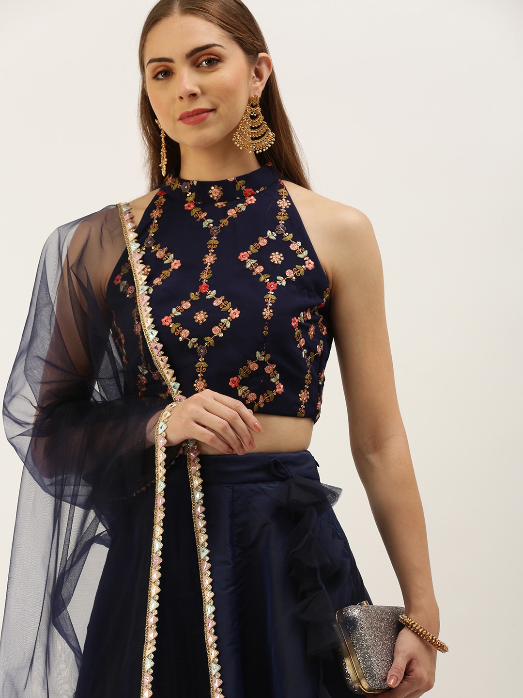 

Ethnovog Embroidered Sequinned Ready to Wear Lehenga & Blouse With Dupatta, Blue