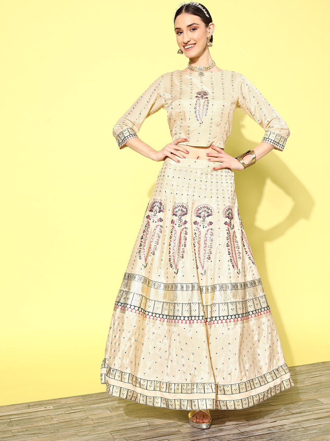 

Juniper Printed Foil Print Ready To Wear Lehenga Choli, Cream