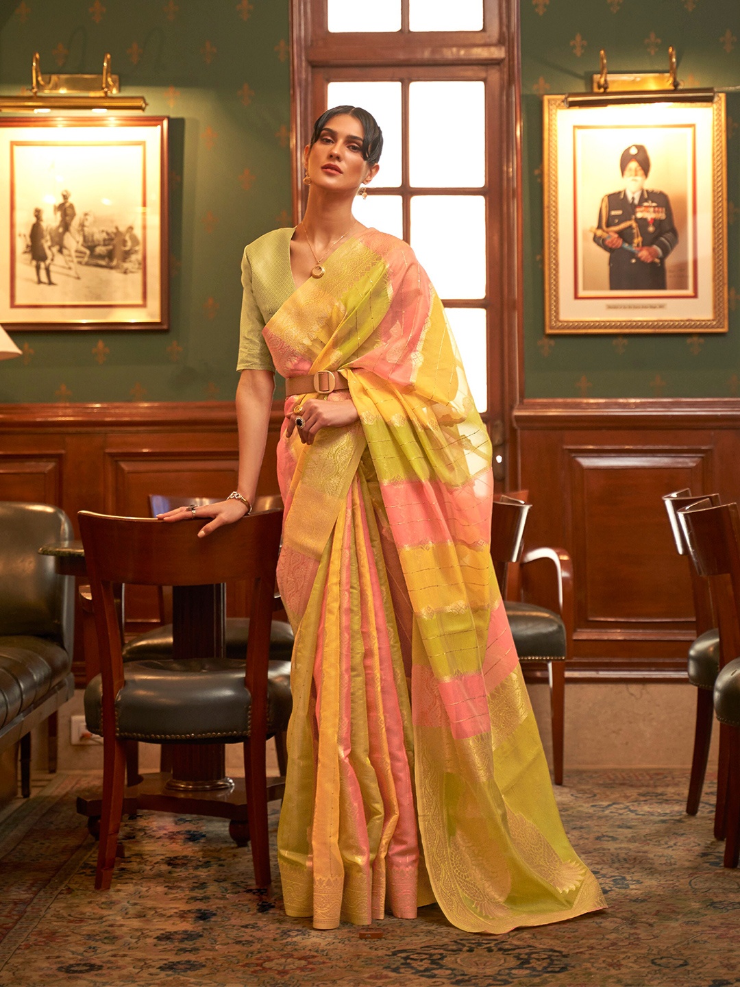 

Mitera Floral Woven Design Sequinned Organza Saree, Green