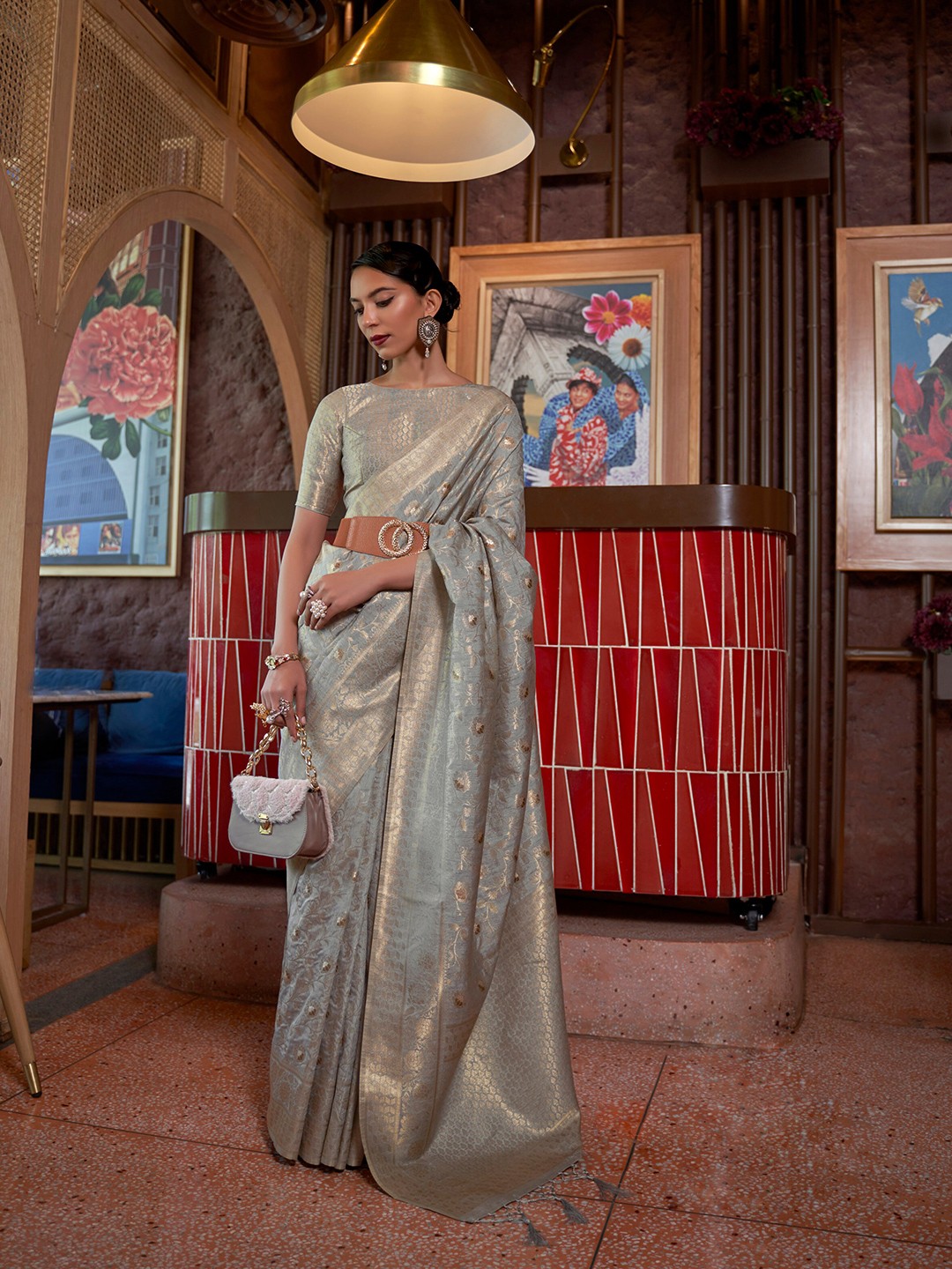 

Mitera Floral Woven Design Zari Saree, Grey