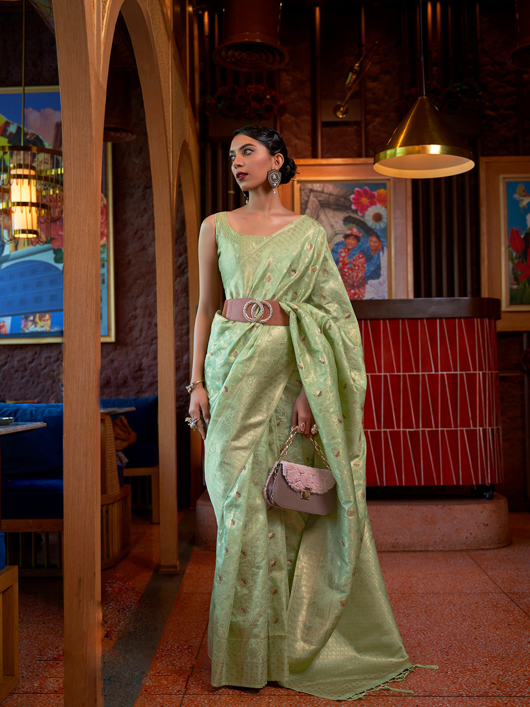 

Mitera Woven Design Zari Silk Blend Saree, Green