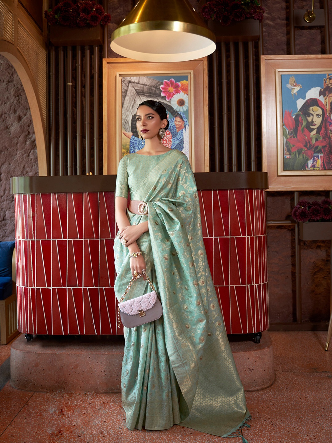 

Mitera Woven Design Zari Silk Blend Saree, Sea green