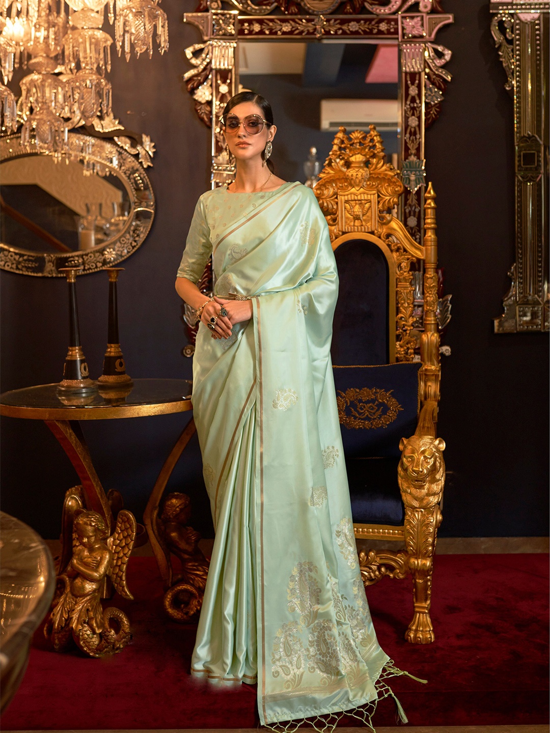 

Mitera Ethnic Motifs Woven Design Zari Silk Blend Saree, Green