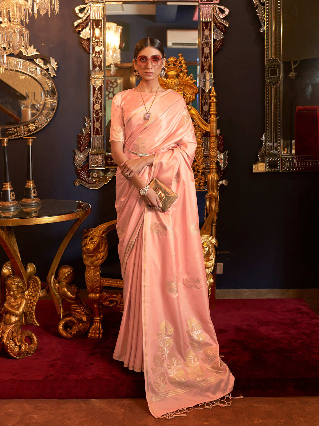 

Mitera Floral Woven Design Zari Silk Blend Saree, Peach
