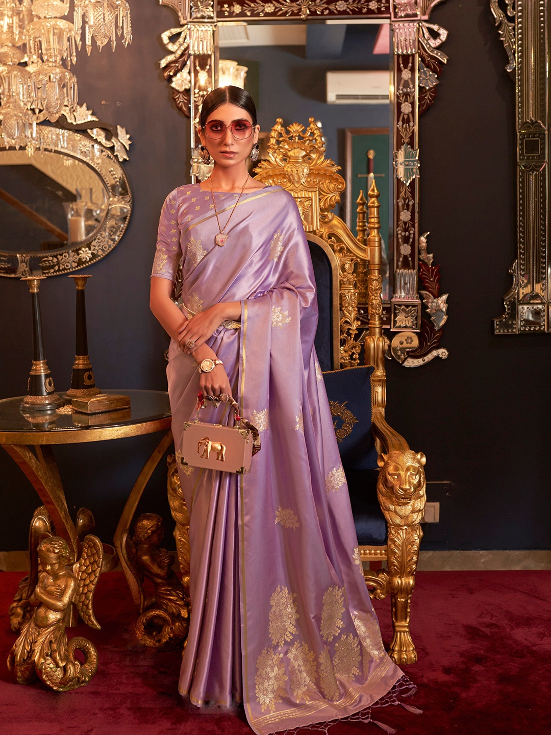 

Mitera Ethnic Motifs Woven Design Zari Silk Blend Saree, Lavender