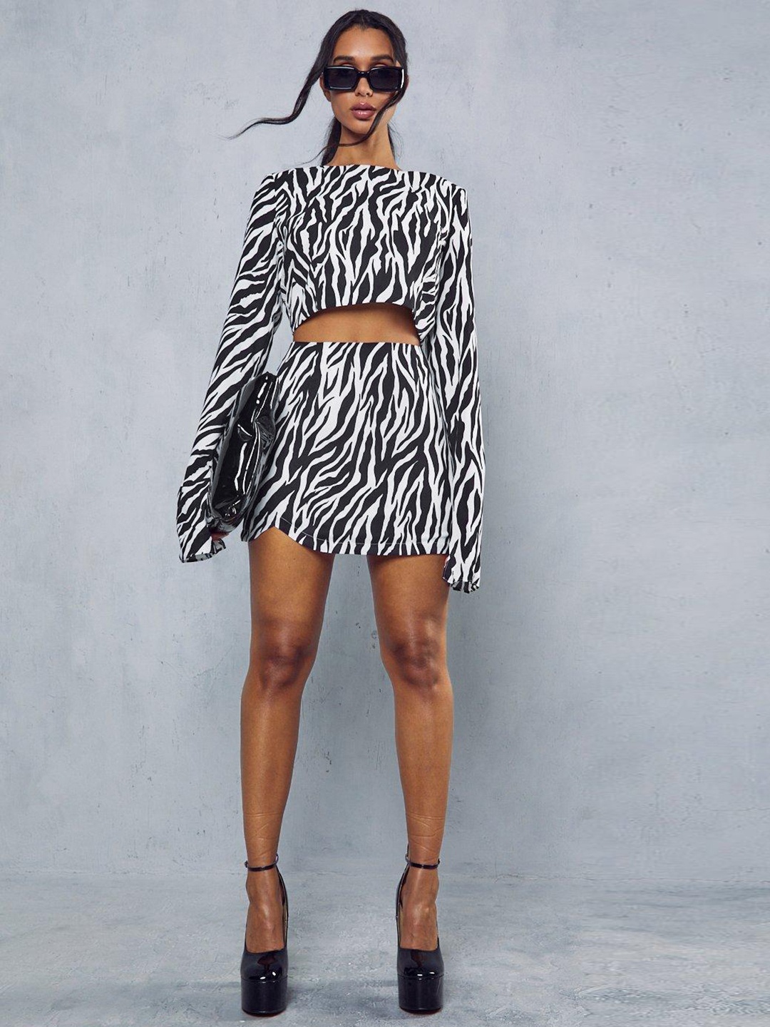 

MISSPAP Zebra Print Shoulder Pad Monochrome Co-ords, Black