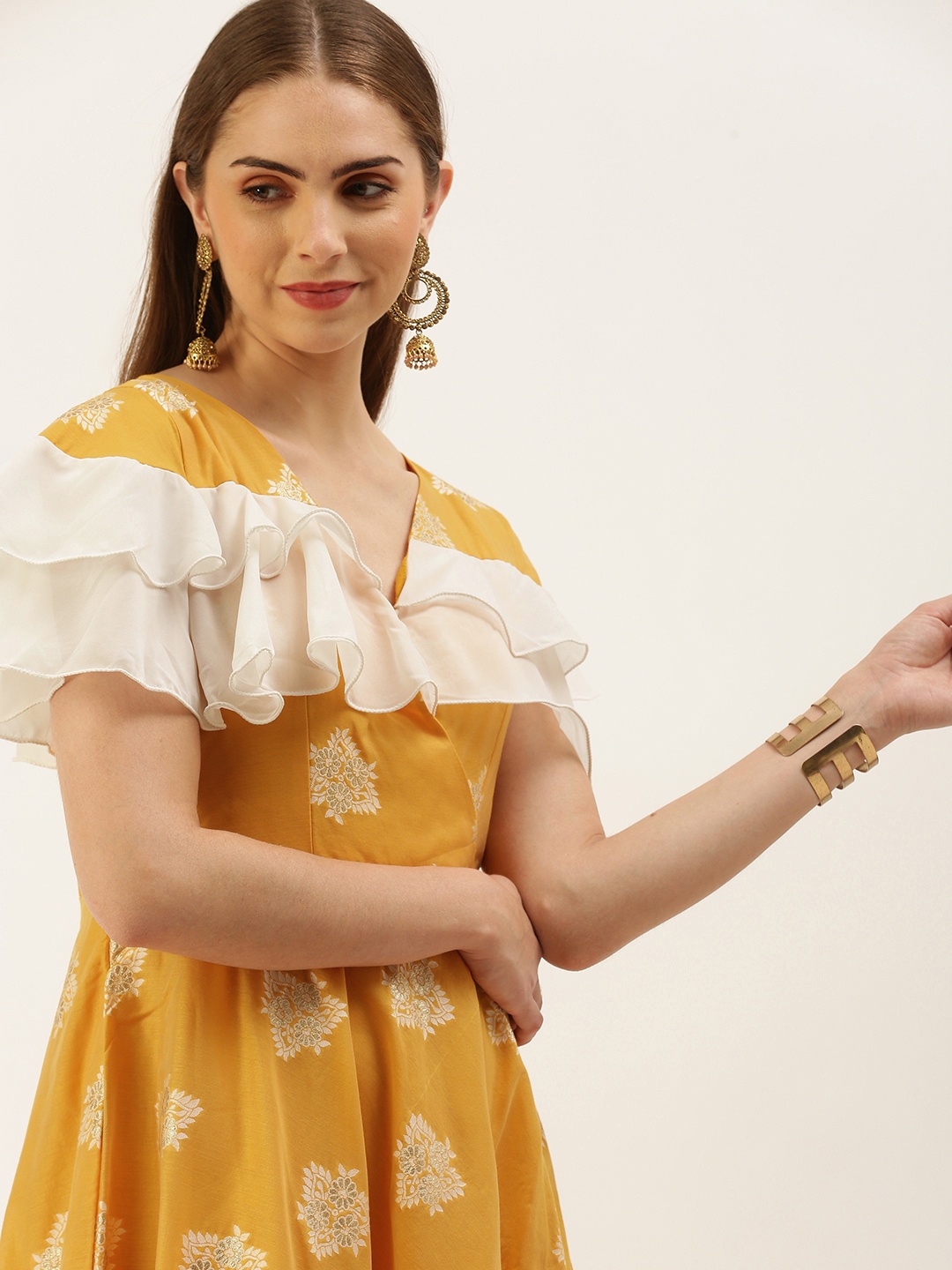 

Ethnovog Ethnic Motifs Cape Sleeve Ruffled Maxi Dress, Mustard