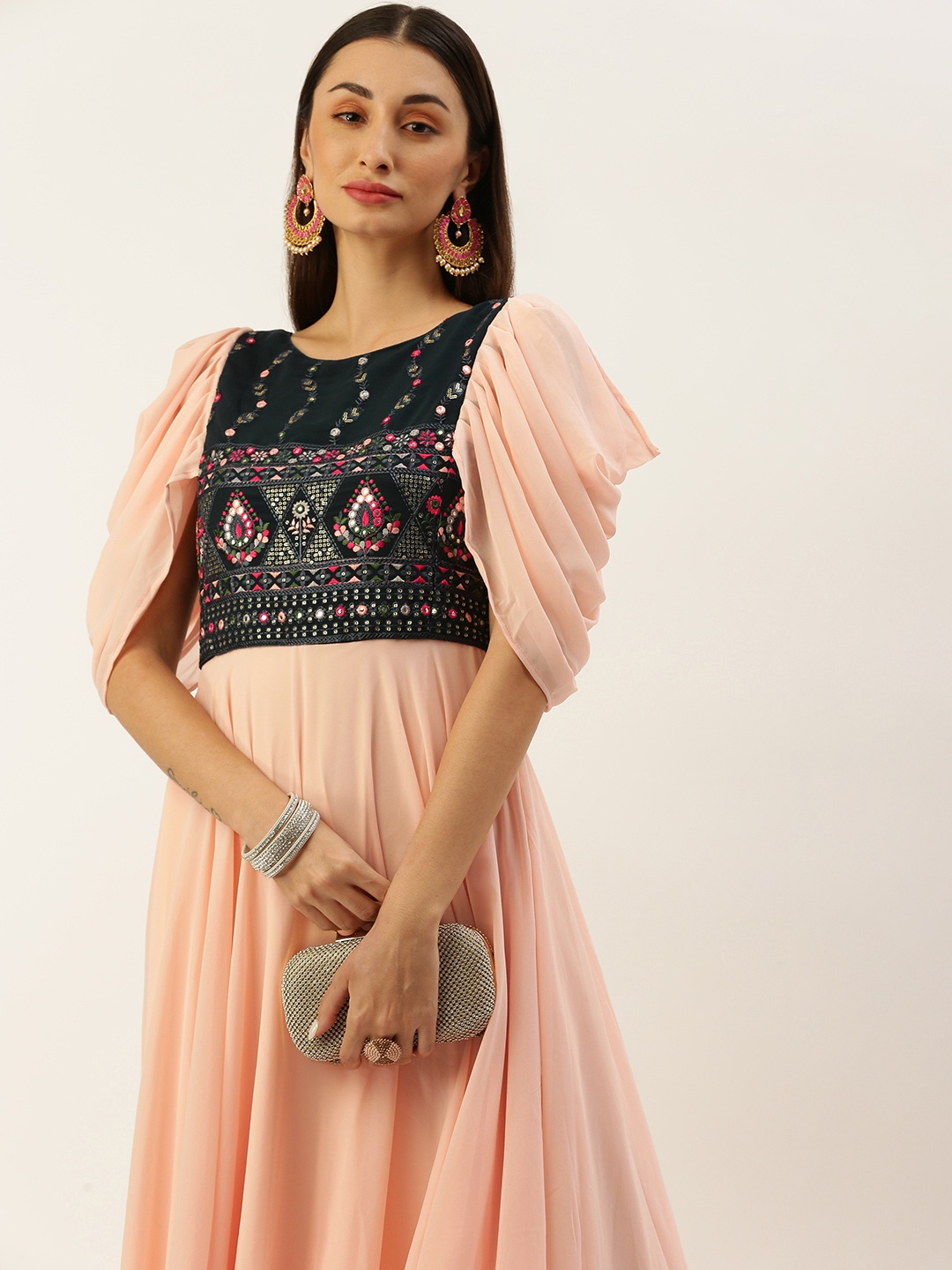 

Ethnovog Ethnic Motifs Embroidered Puff Sleeves Georgette Maxi Dress, Peach