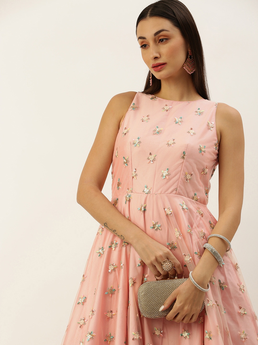 

Ethnovog Floral Sequinned Embellished Boat Neck Net Maxi Ethnic Dress, Pink