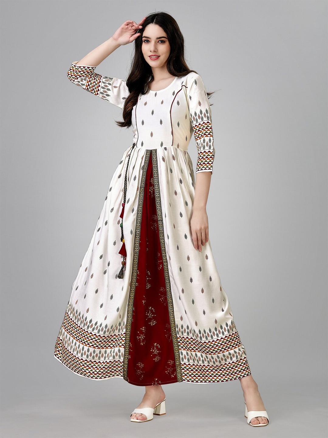 

PRASTHAN Round Neck Ethnic Printed Liva A-Line Ethnic Dress, White
