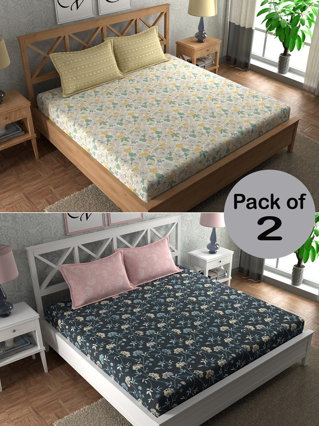 

CHHAVI INDIA Yellow & Grey Floral Printed 210 TC 2 Queen Bedsheet & 4 Pillow Covers