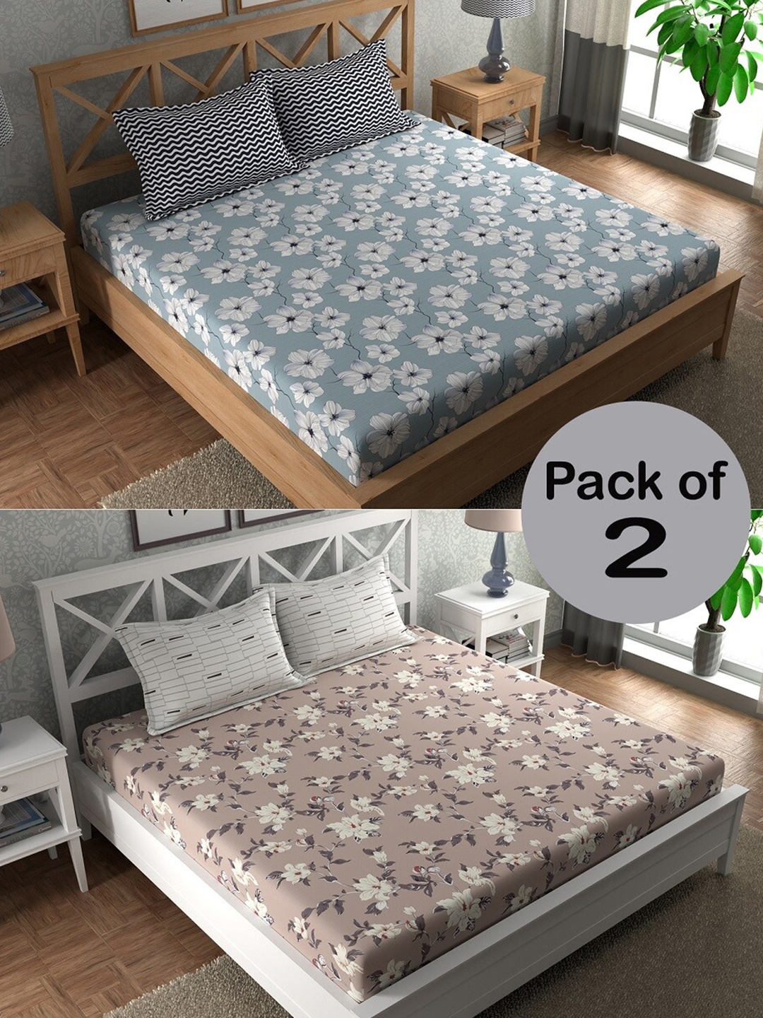 

CHHAVI INDIA Blue & Brown Floral Printed 210 TC 2 Queen Bedsheet & 4 Pillow Covers