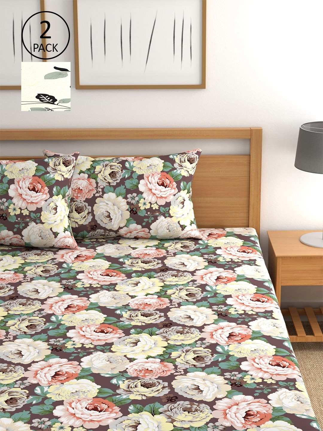 

CHHAVI INDIA Brown & White Floral 210 TC 2 Queen Bedsheet With 4 Pillow Covers
