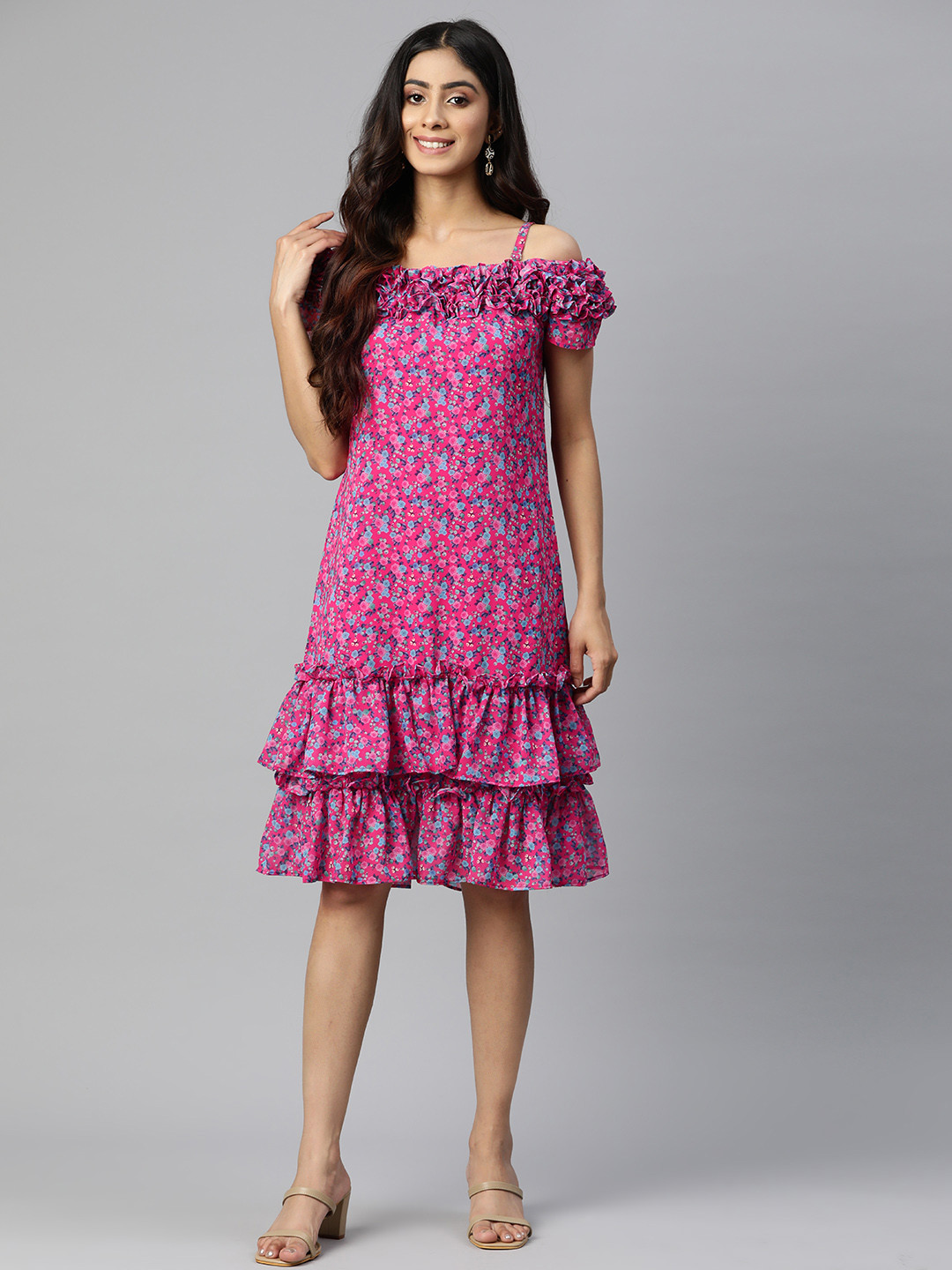 

PRASTHAN Floral Print Layered Georgette A-Line Dress, Pink